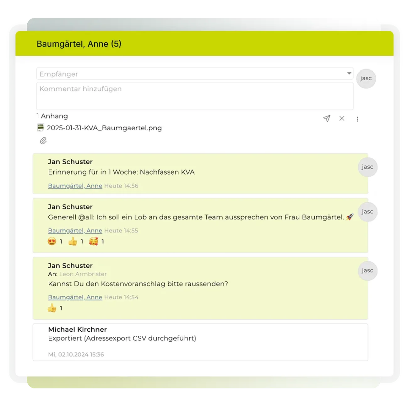 Teambox | Einträge zu Kundenkontakten wie Mails oder Telefonate.