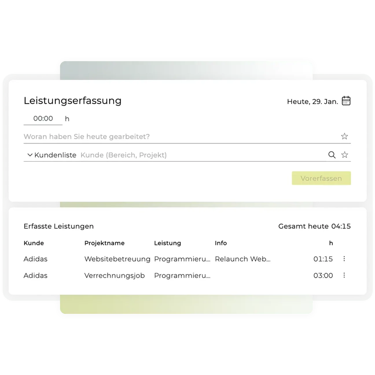 Teambox | Leistungen in TEAMBOX über eine Stoppuhr oder über einen freien Eintrag erfassen.